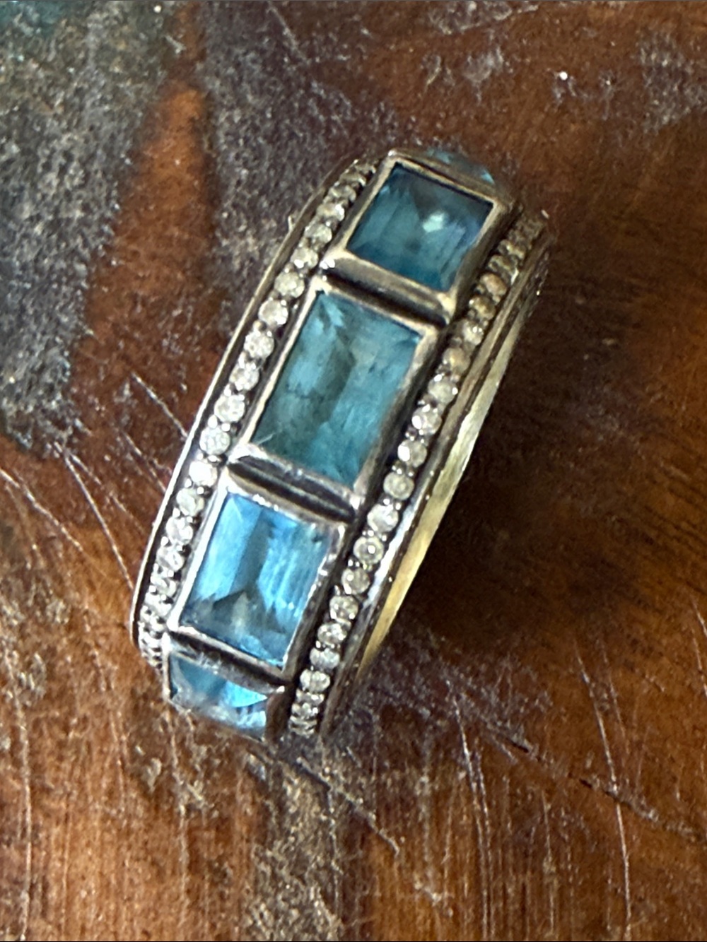 Sundance “Blue lagoon” perimeters diamond topaz silver/gold ring. New in box.